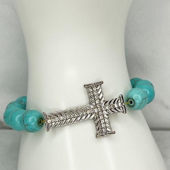 Faux Turquoise Beaded Rhinestone Cross Stretch Bracelet - Picture 1 of 7